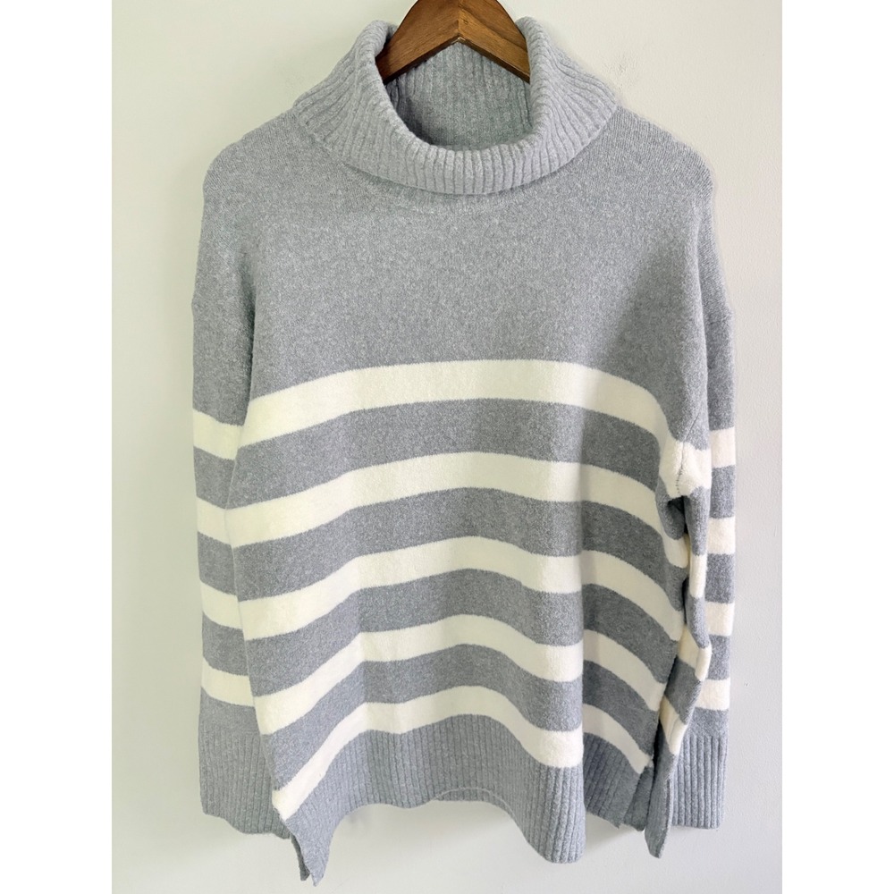 Nine West Gray & Ivory Striped Cowl Neck Oversized Sweater M